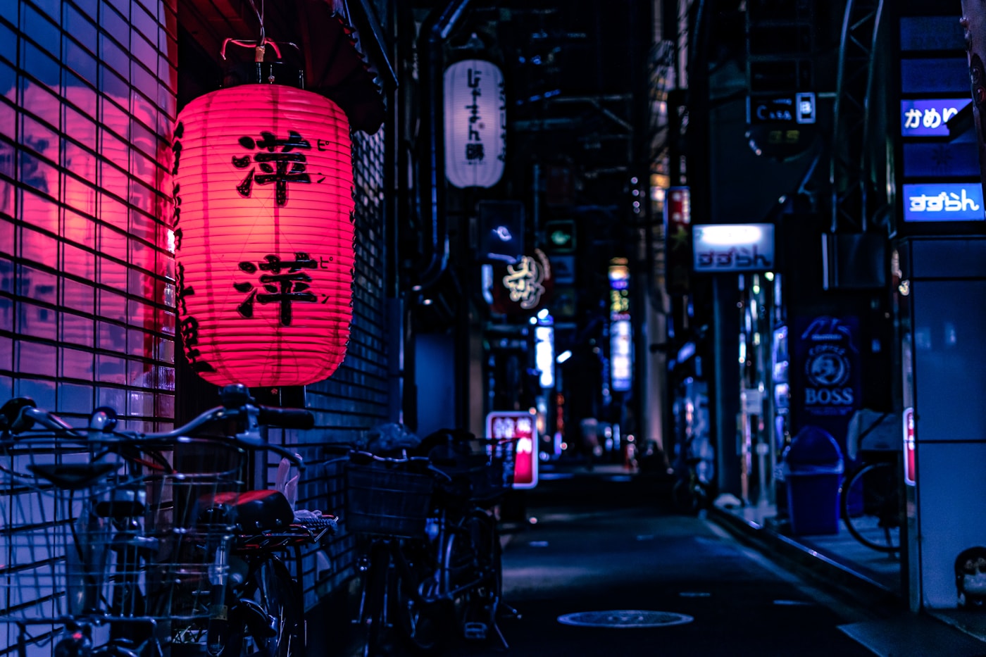 Lantern-lit street in Japan at night